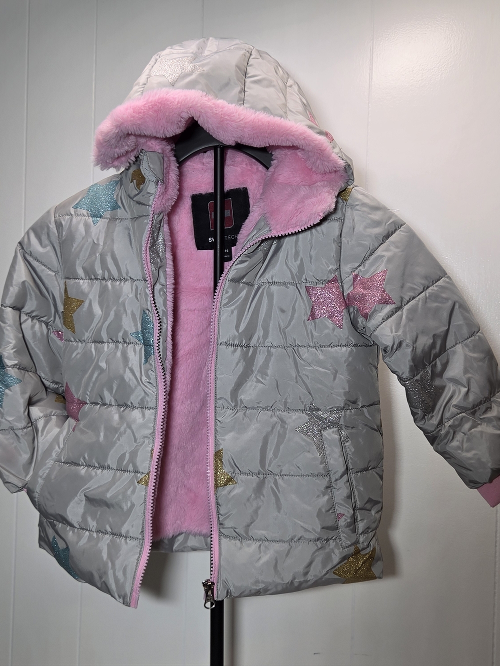 Girls' Star Quilted Puffer Jacket with Pink Faux-Fur Lining